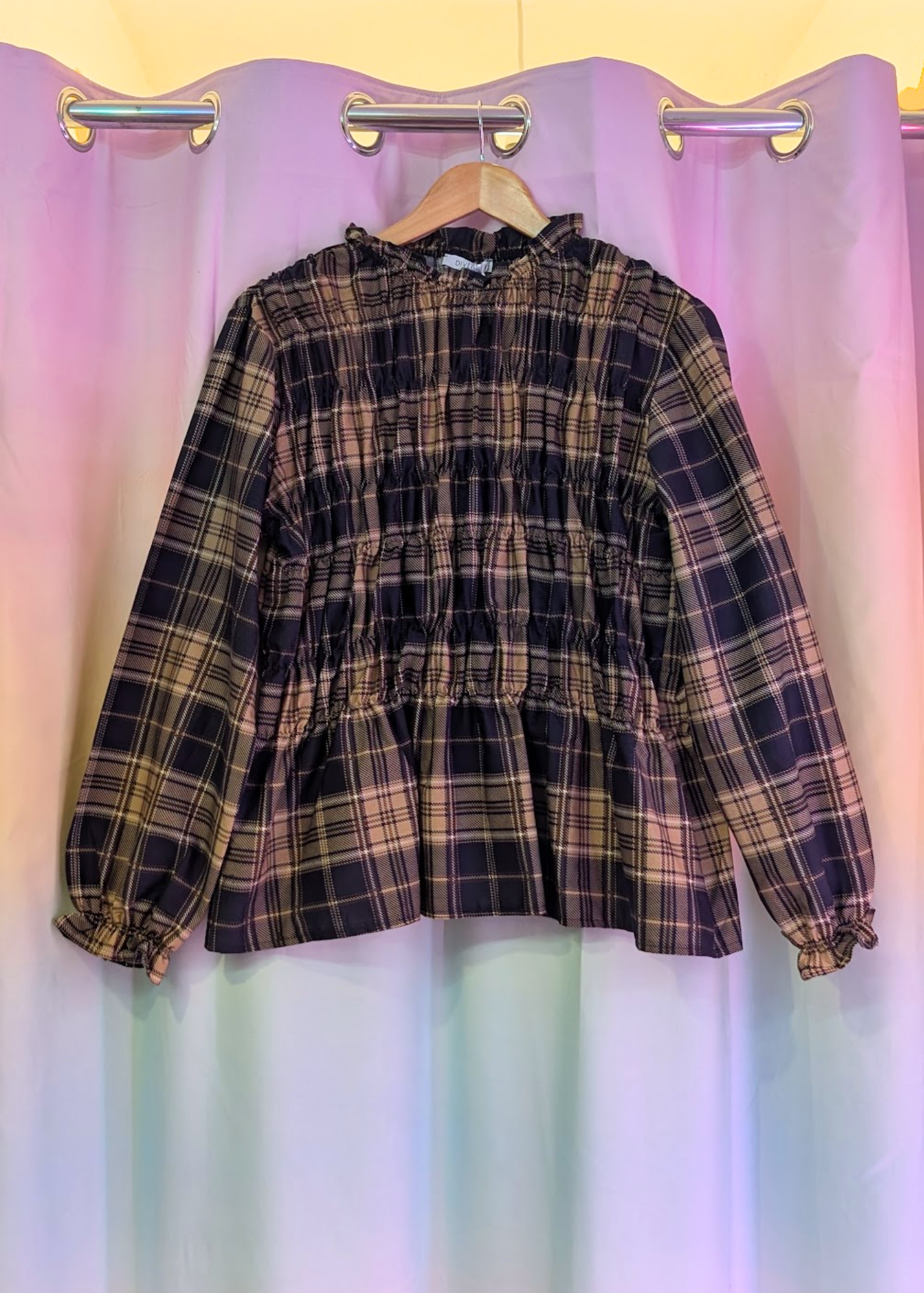 The Edit -Black and Stone Plaid Shirred Long Sleeve Top