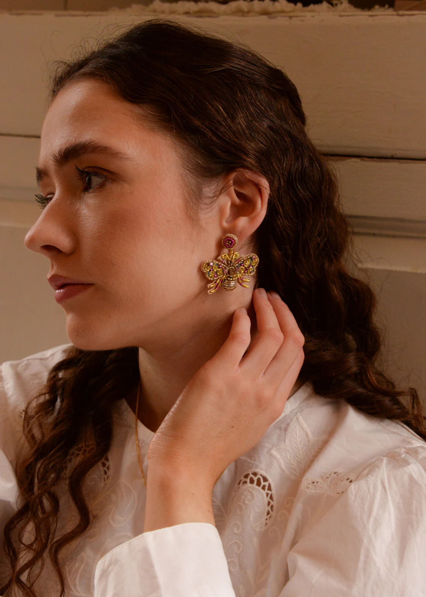 My Doris - Beaded Bee Earrings in Gold and Pink