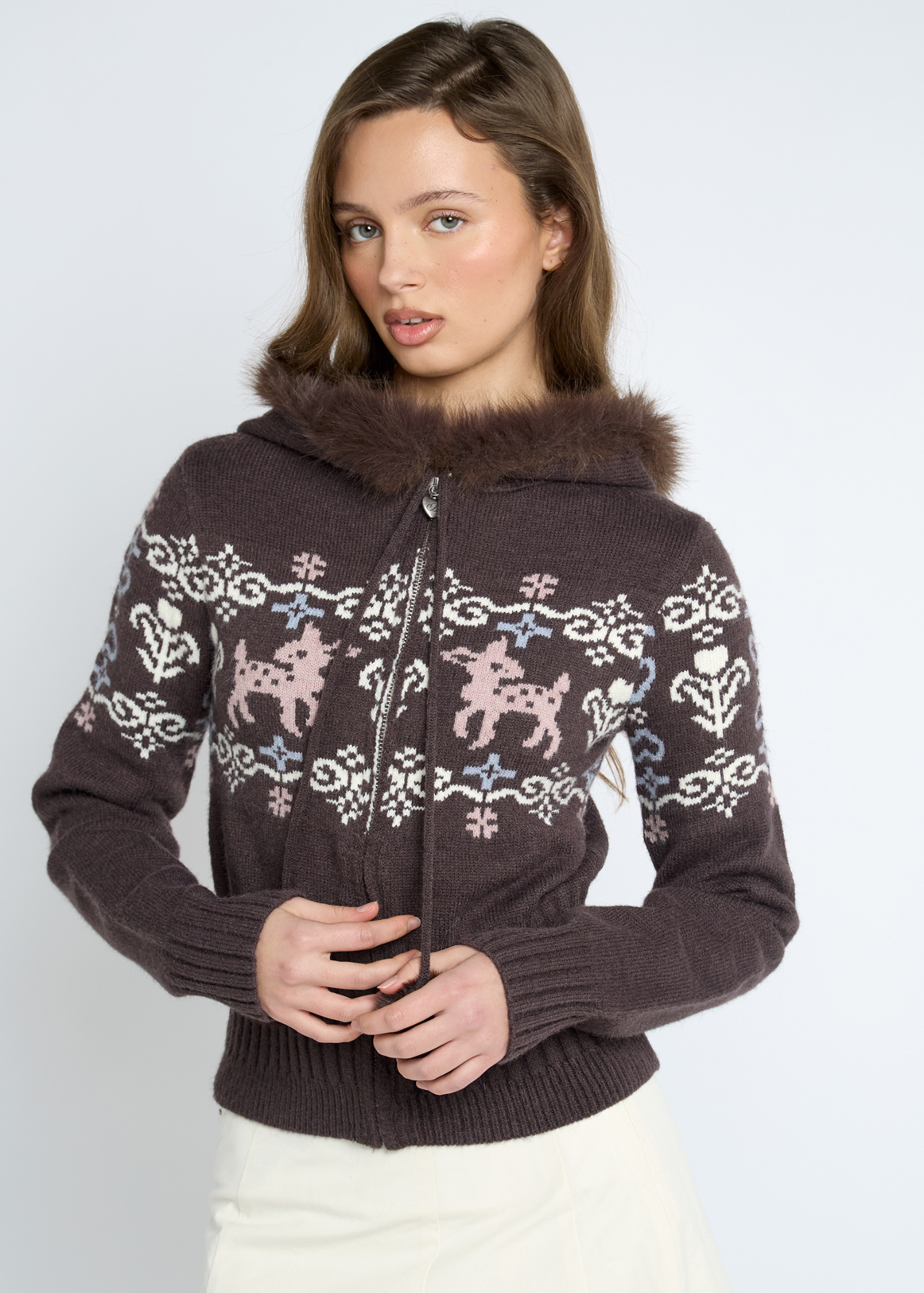 Daisy Street - Knitted Eclair Bambi Pom Pom Hooded Cardigan
