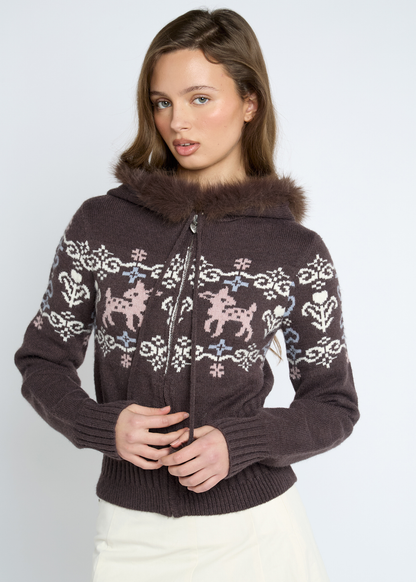 Daisy Street - Knitted Eclair Bambi Pom Pom Hooded Cardigan
