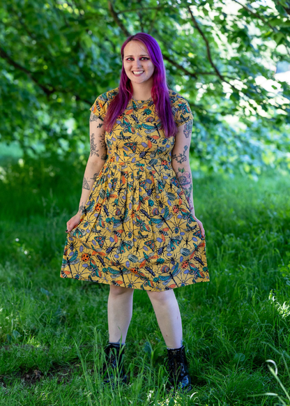 Run & Fly - Mustard Beasties Stretch Belted Tea Dress with Pockets