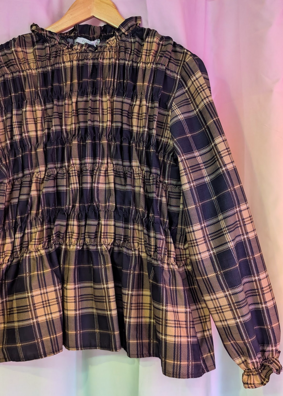The Edit -Black and Stone Plaid Shirred Long Sleeve Top