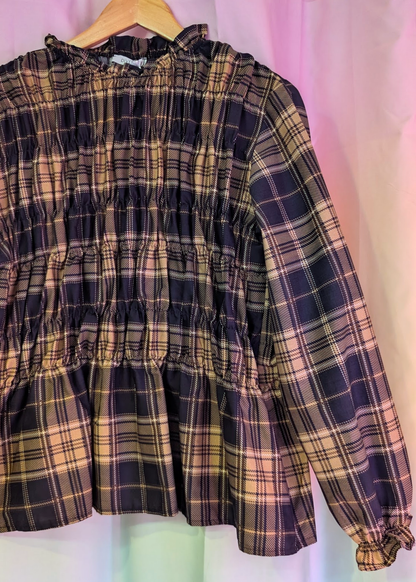 The Edit -Black and Stone Plaid Shirred Long Sleeve Top