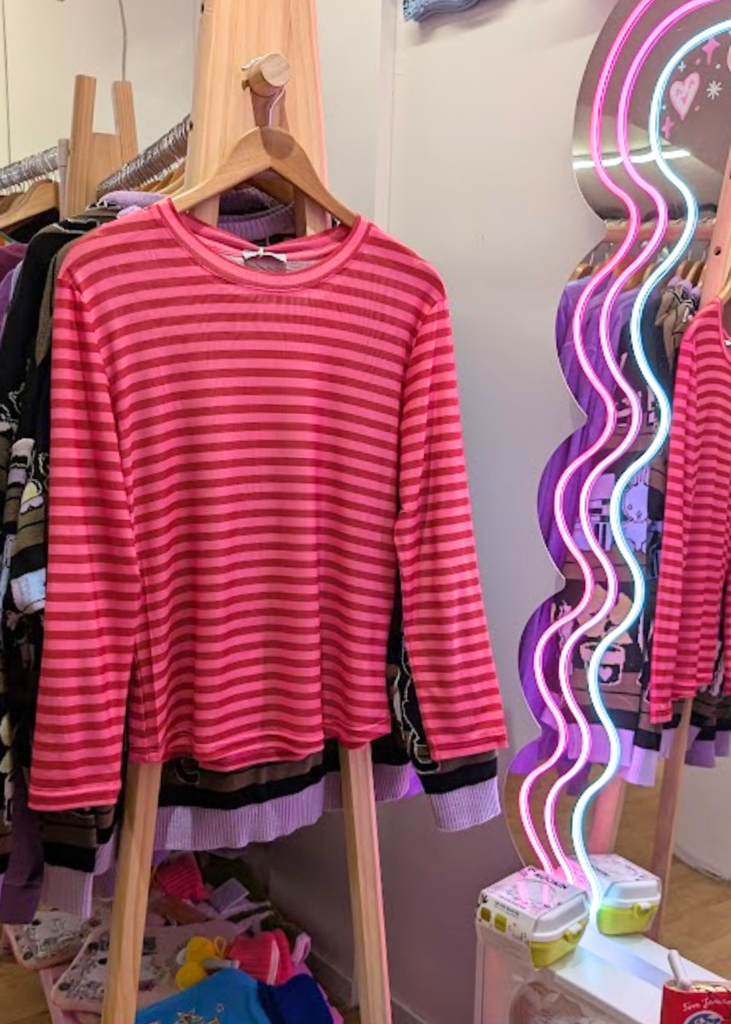 The Edit - Pink and Red Stripe Mesh Top