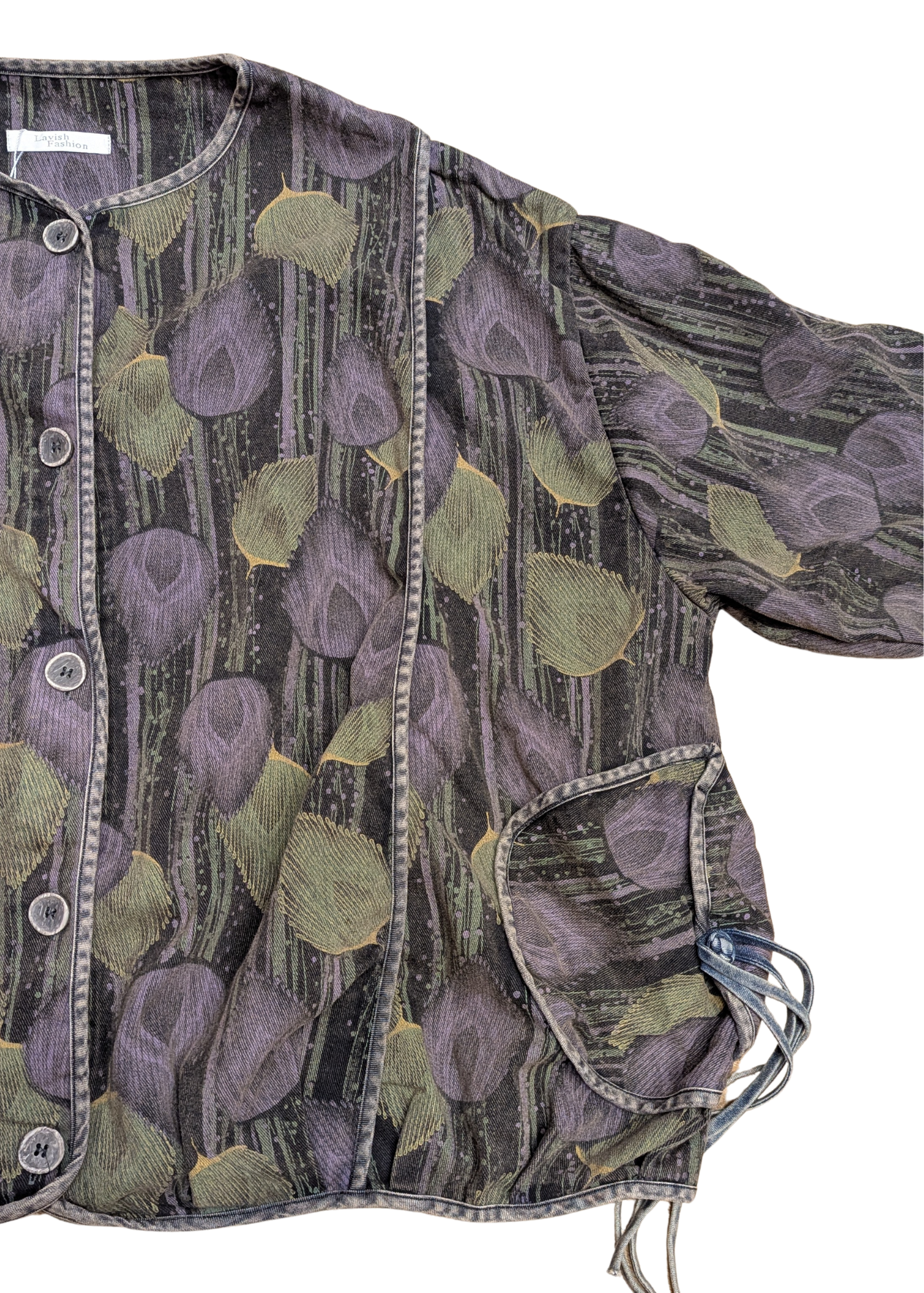 The Edit - Oversized Vintage Style Peacock Feather Denim Jacket in Purple & Green