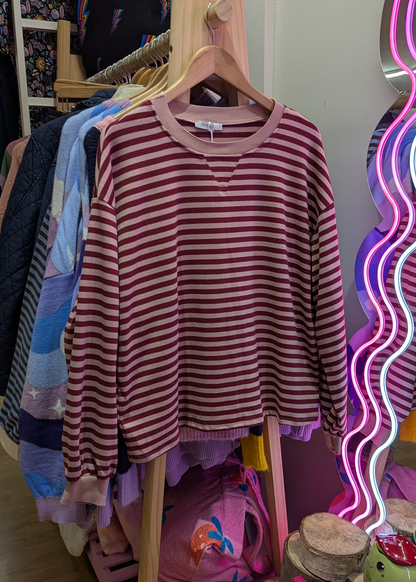 The Edit - Light Pink & Burgundy Stripe Long Sleeve Top