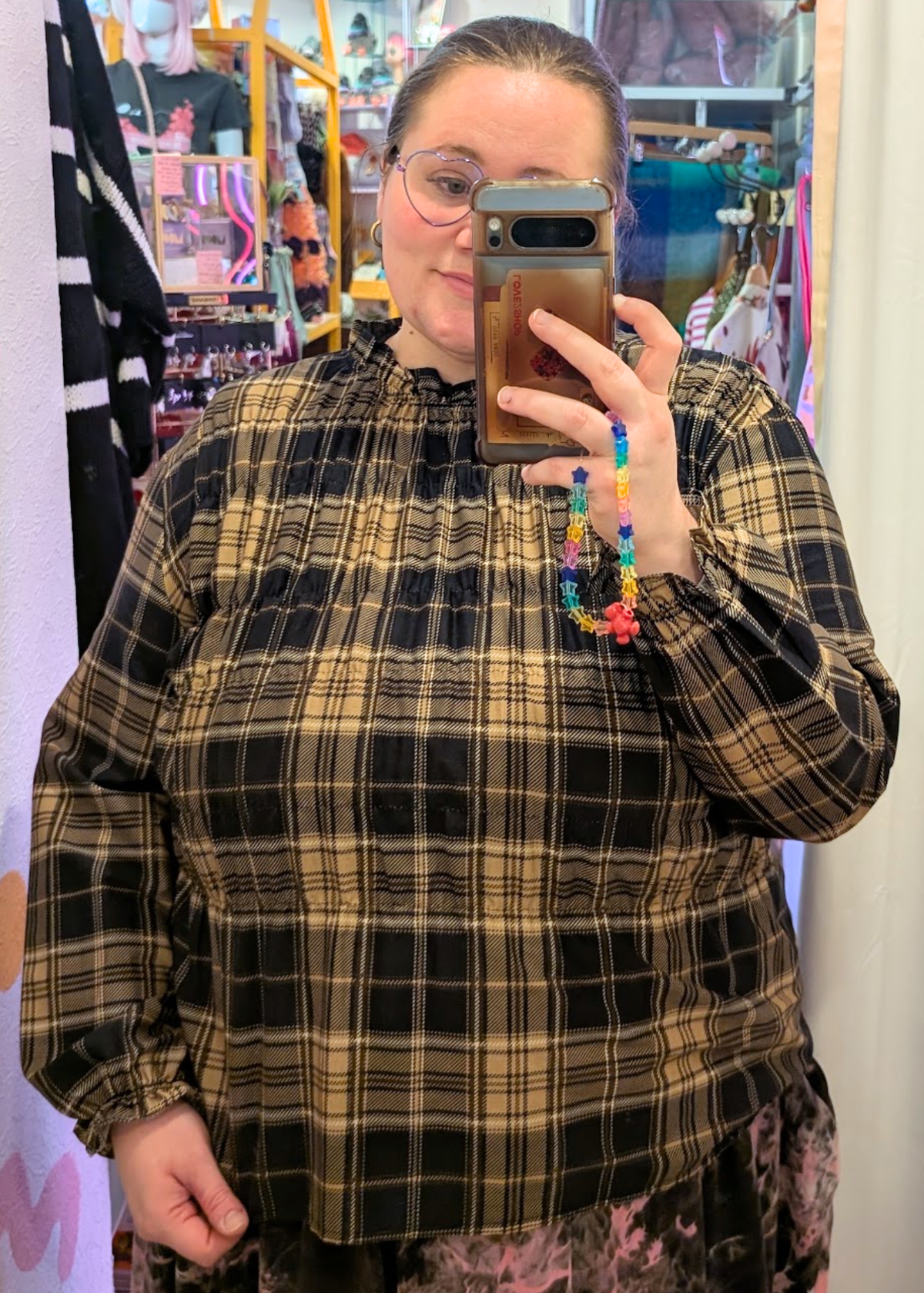 The Edit -Black and Stone Plaid Shirred Long Sleeve Top