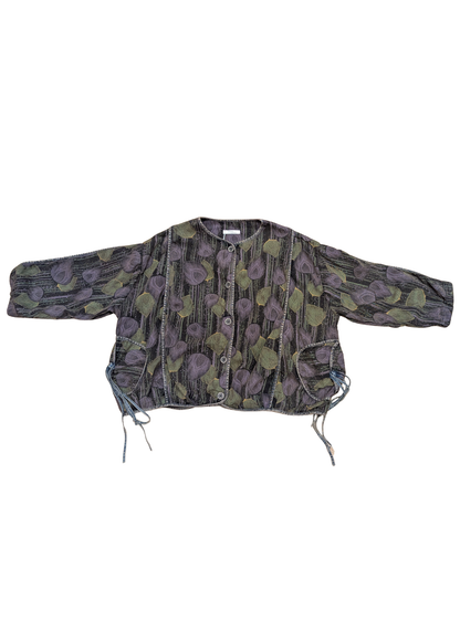 The Edit - Oversized Vintage Style Peacock Feather Denim Jacket in Purple & Green
