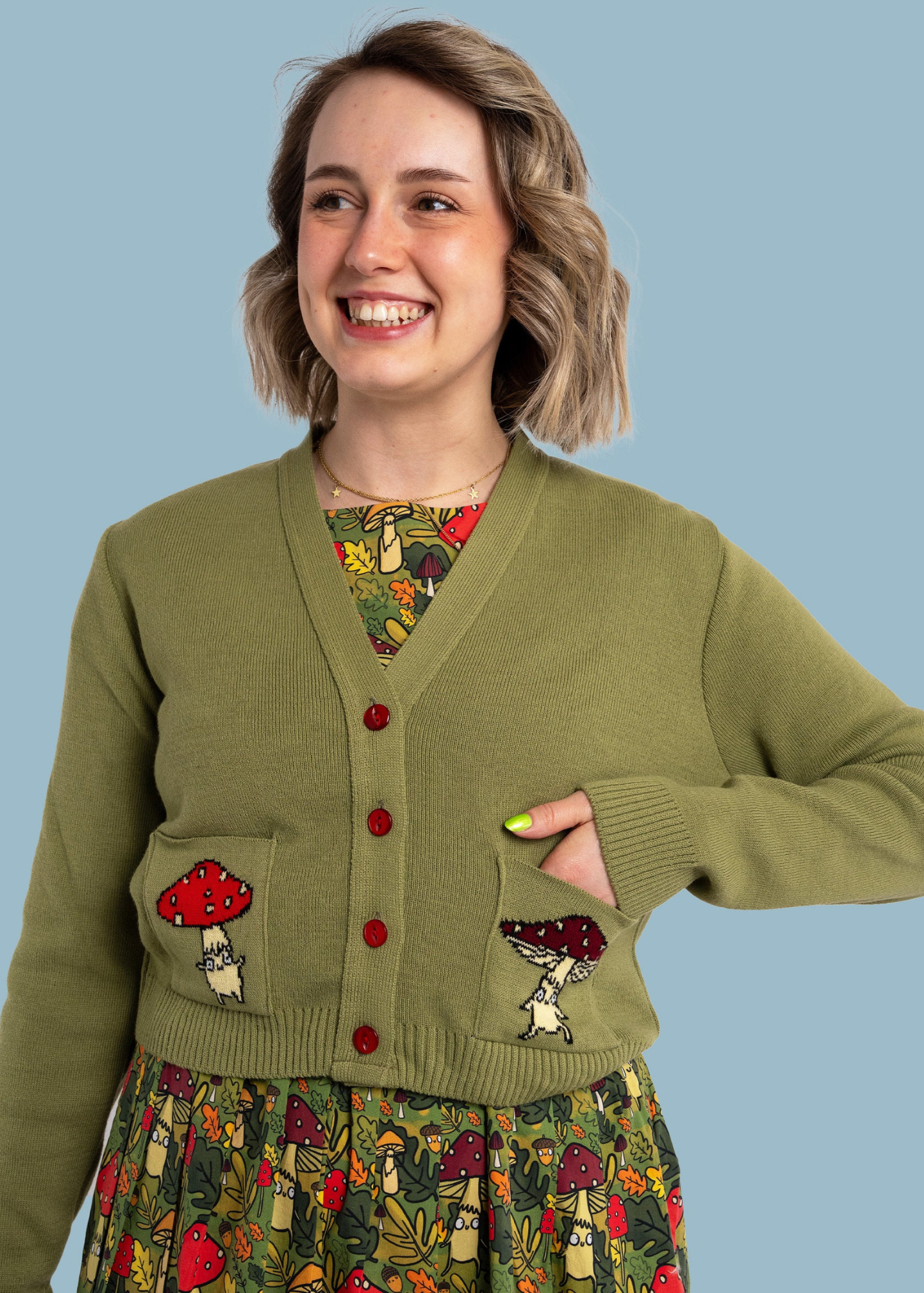 Run & Fly X Katie Abey - Mushroom Bois V-Neck Cropped Cardigan
