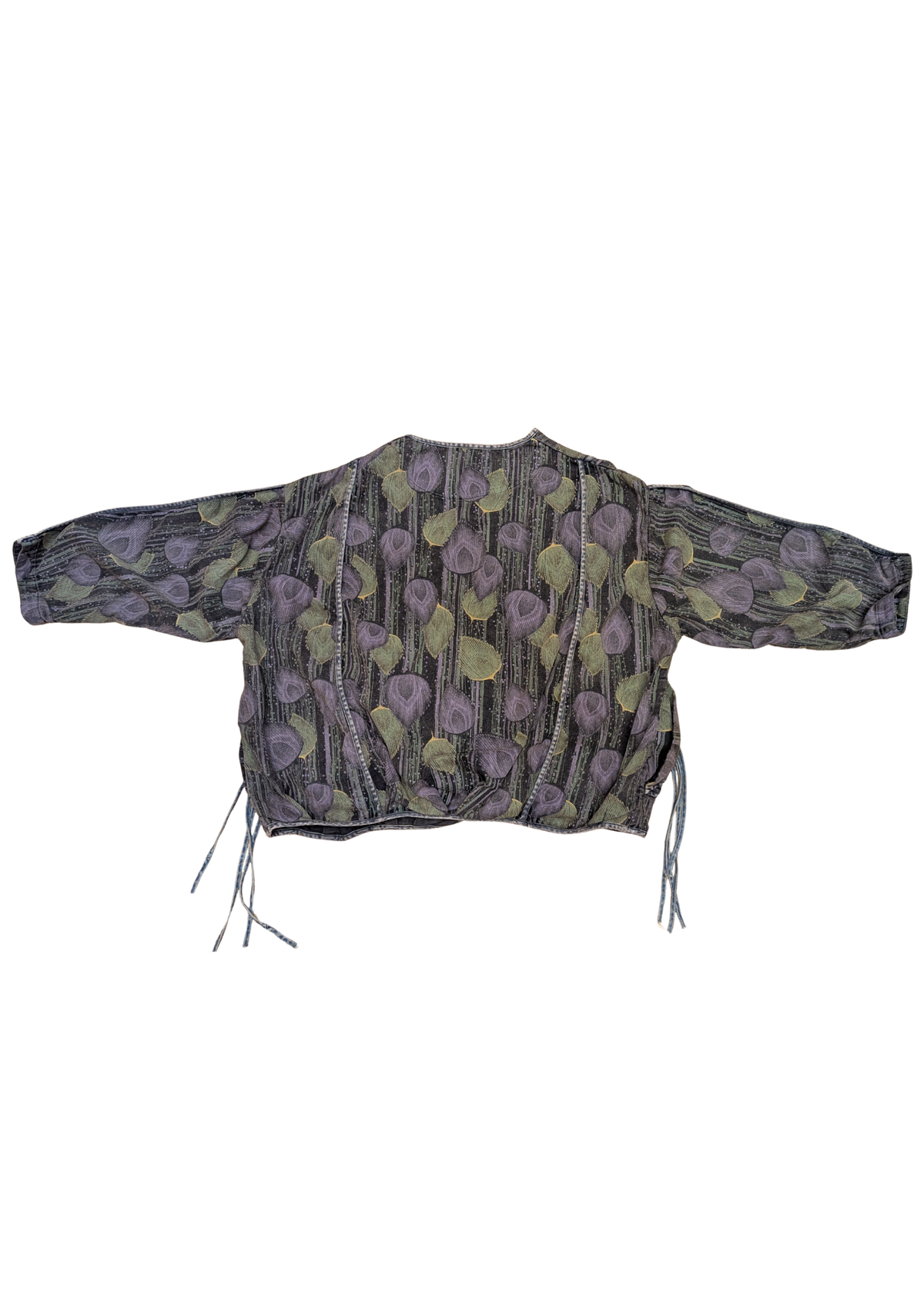 The Edit - Oversized Vintage Style Peacock Feather Denim Jacket in Purple & Green