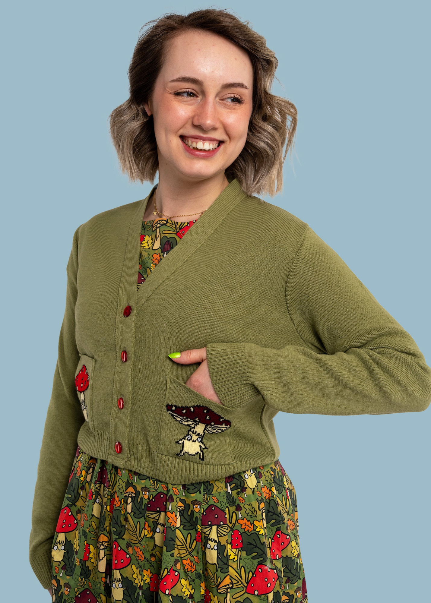 Run & Fly X Katie Abey - Mushroom Bois V-Neck Cropped Cardigan