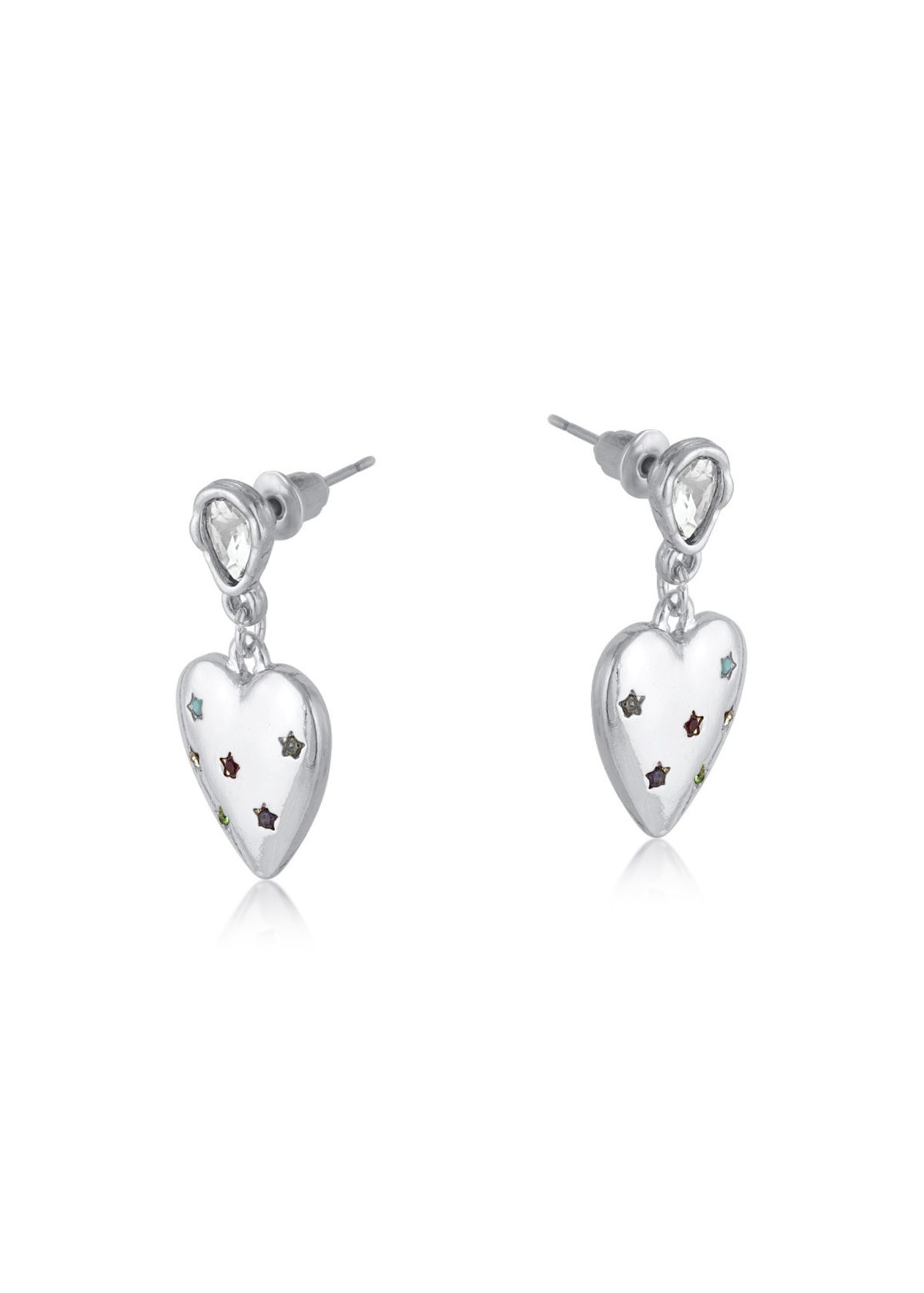 Big Metal London - Rainbow Crystal Heart Drop Earrings in Silver