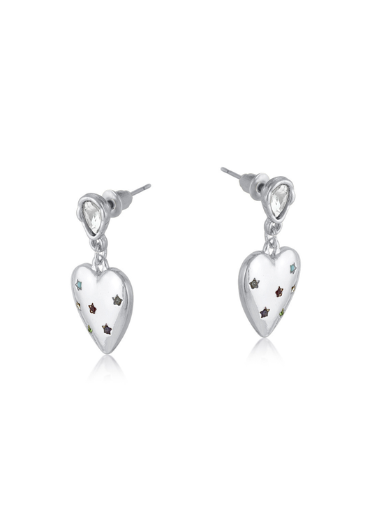 Big Metal London - Rainbow Crystal Heart Drop Earrings in Silver
