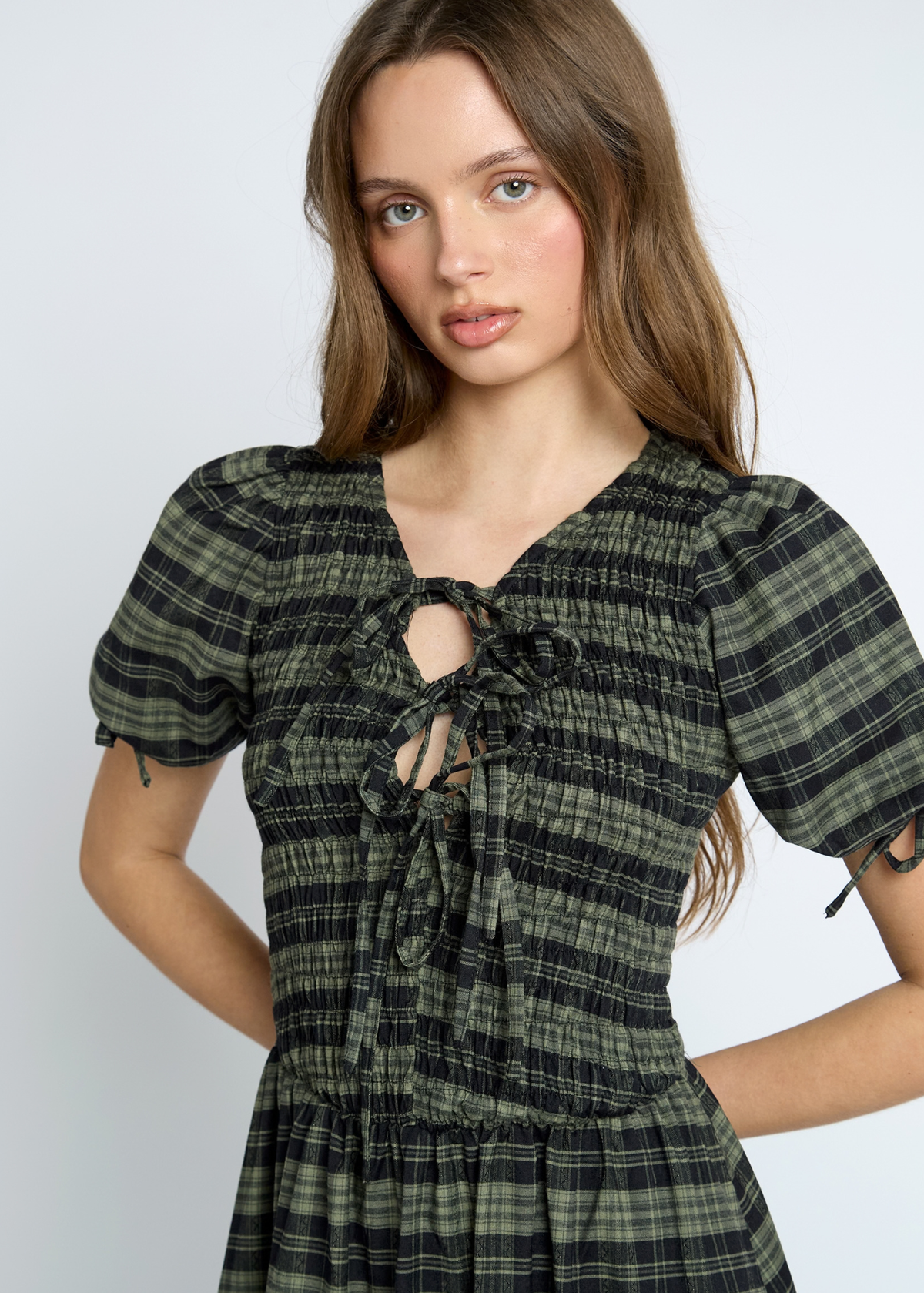 Daisy Street - Green & Black Checked Bow Maxi Dress