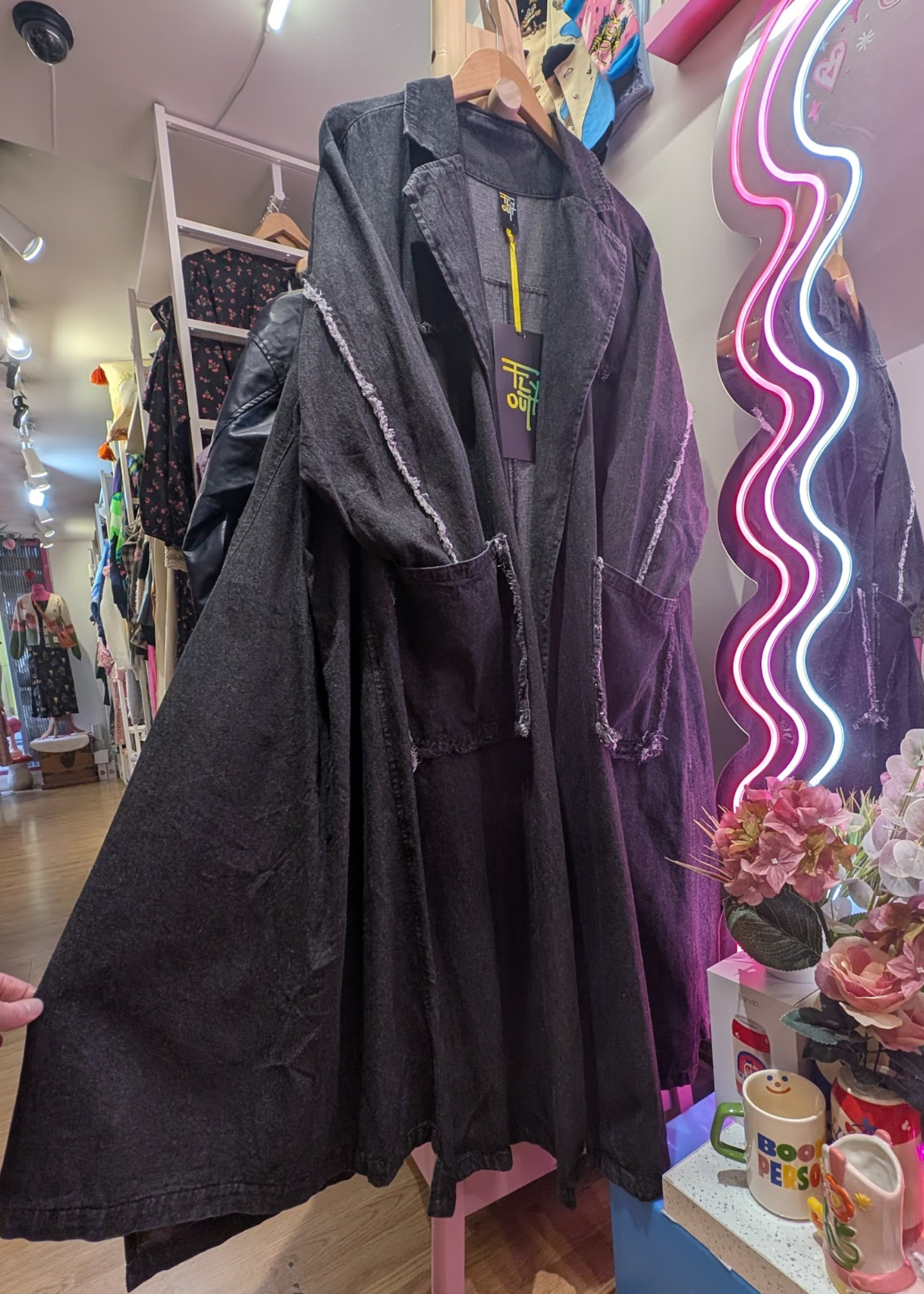 The Edit - Oversized Long Black Washed Denim Jacket