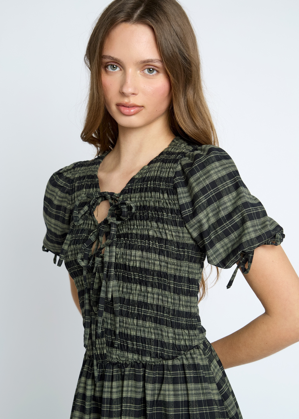Daisy Street - Green & Black Checked Bow Maxi Dress