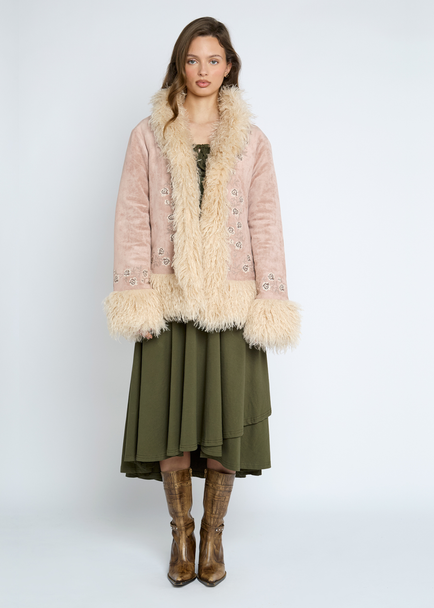 Daisy Street - Faux Fur Embroidered Rose Jacket