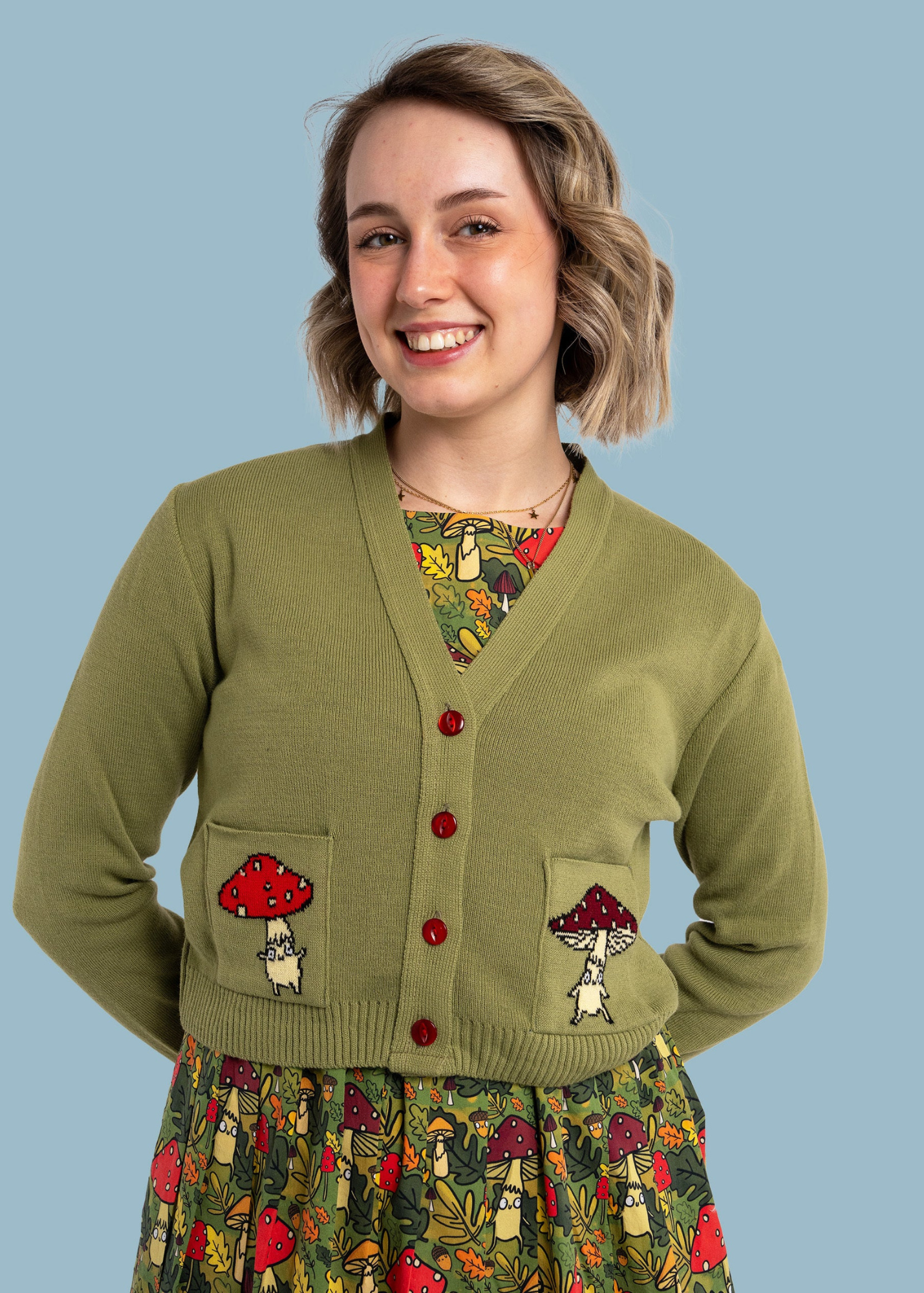 Run & Fly X Katie Abey - Mushroom Bois V-Neck Cropped Cardigan