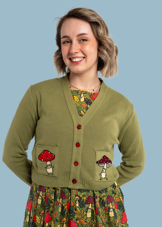 Run & Fly X Katie Abey - Mushroom Bois V-Neck Cropped Cardigan