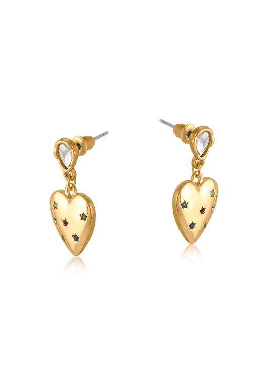Big Metal London - Rainbow Crystal Heart Drop Earrings in Gold