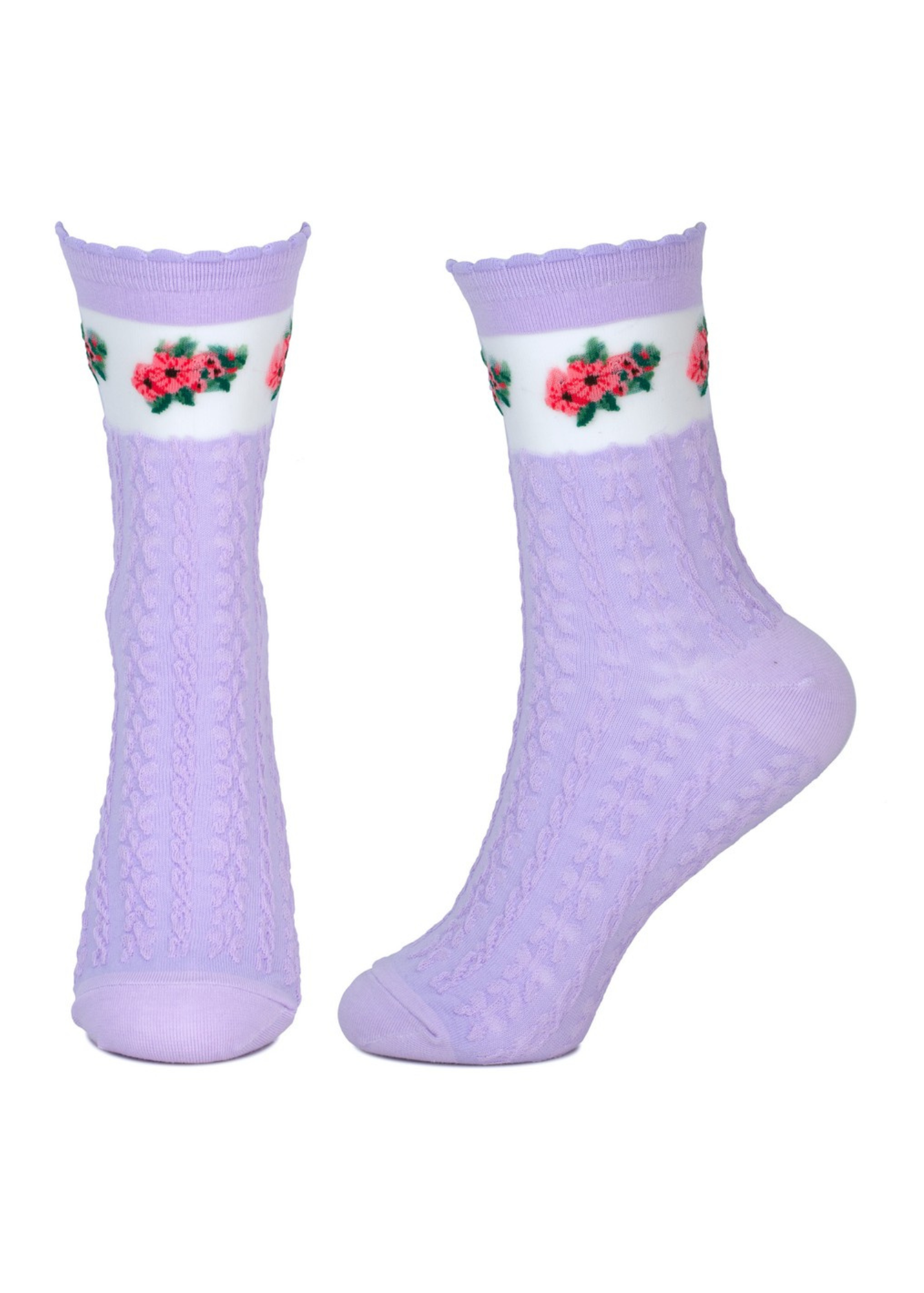 Joe Cool - Lilac Cable Socks with Sheer Floral Cuffs