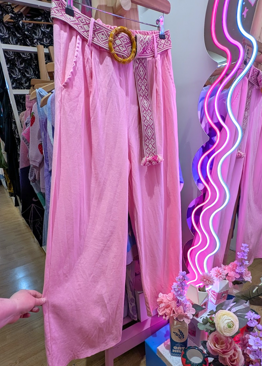 The Edit - Wide Leg Trousers with Embroidered Belt in Pink