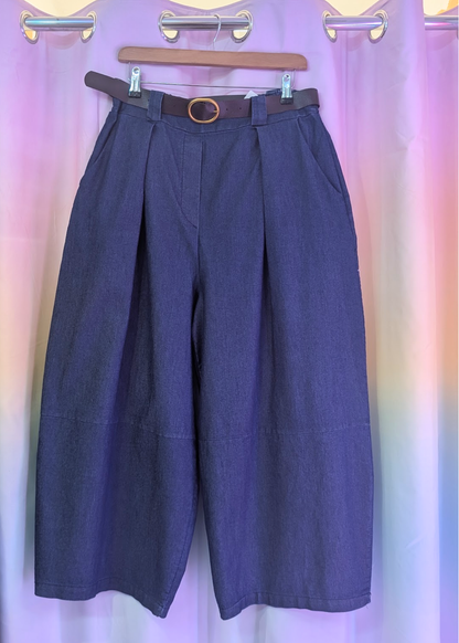 The Edit - Blue Denim Barrel Leg Cocoon Trousers with Belt