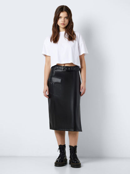 Noisy May - Black Leather Cargo Midi Skirt