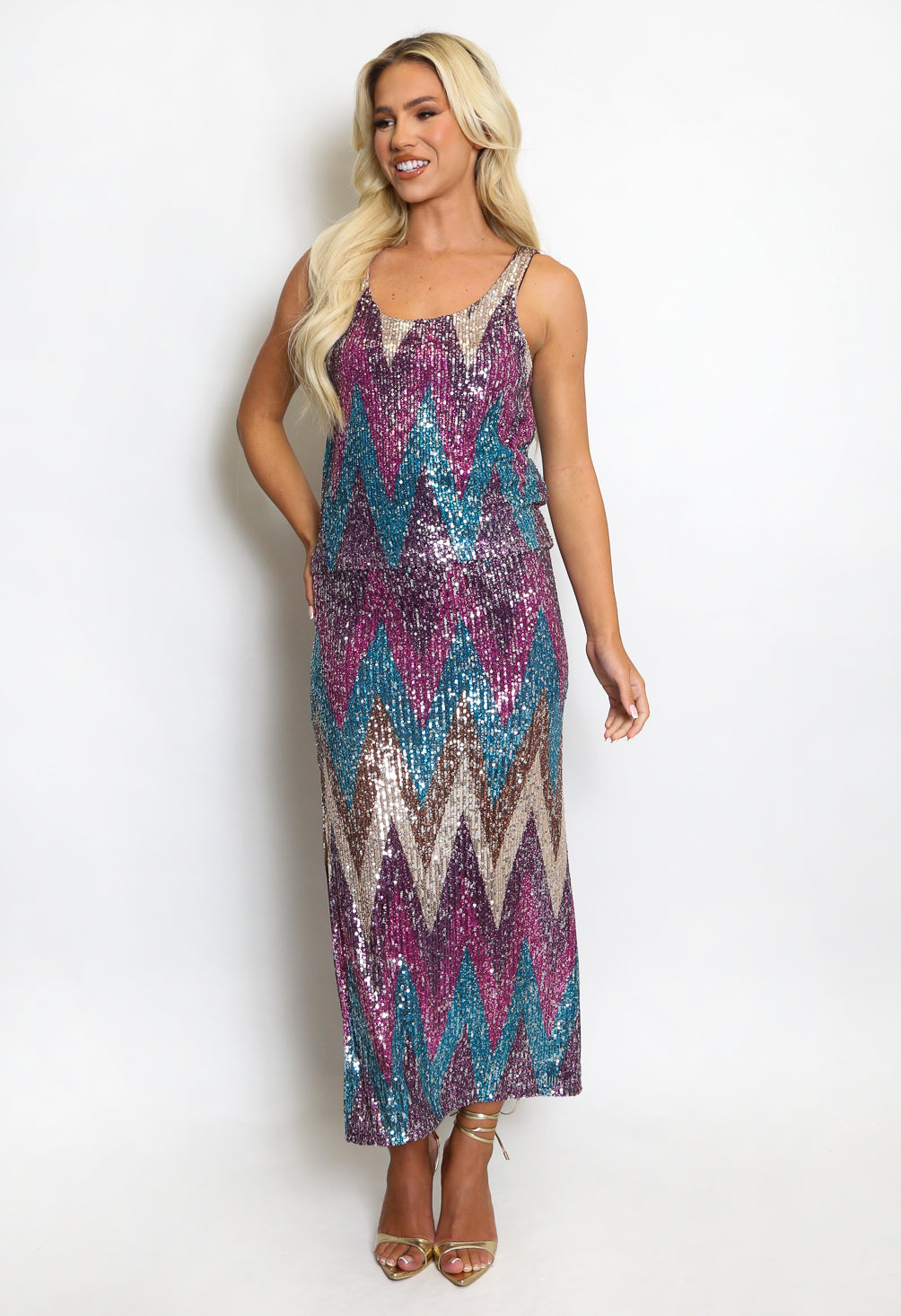 The Edit - Zig Zag Sequin Midi Skirt in Fuchsia & Purple