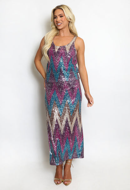 The Edit - Zig Zag Sequin Midi Skirt in Fuchsia & Purple