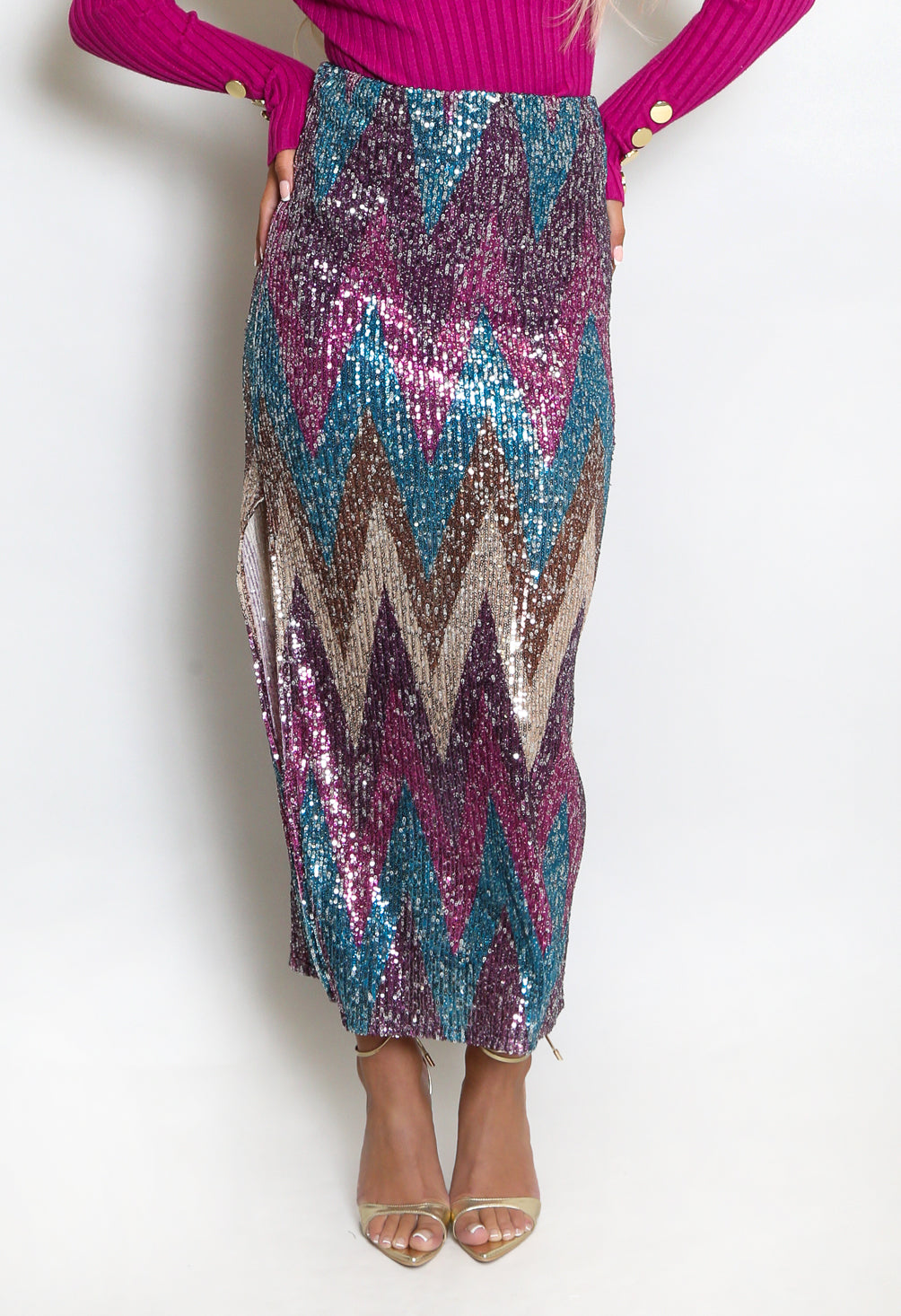 The Edit - Zig Zag Sequin Midi Skirt in Fuchsia & Purple