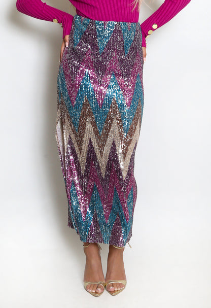 The Edit - Zig Zag Sequin Midi Skirt in Fuchsia & Purple