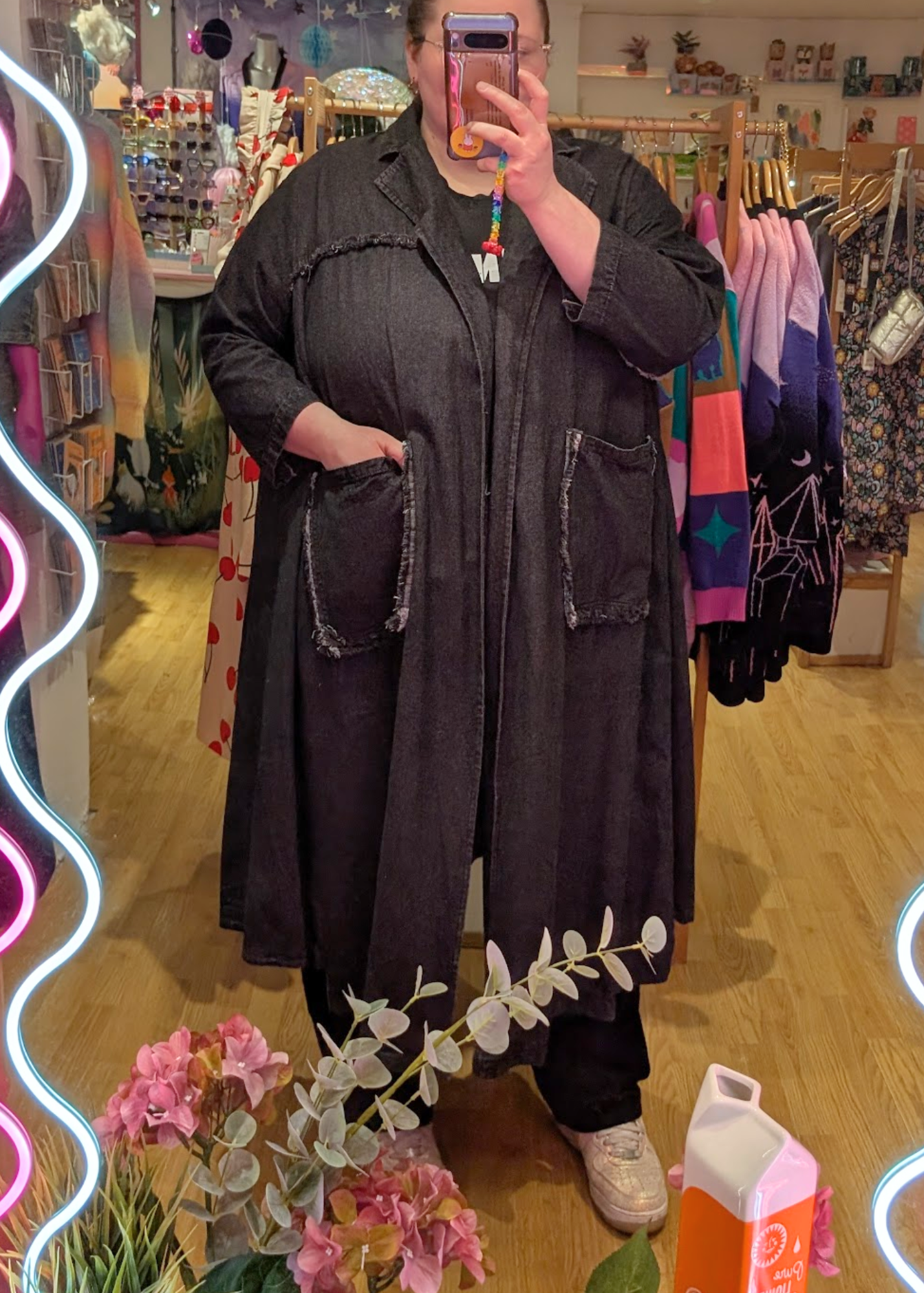 The Edit - Oversized Long Black Washed Denim Jacket