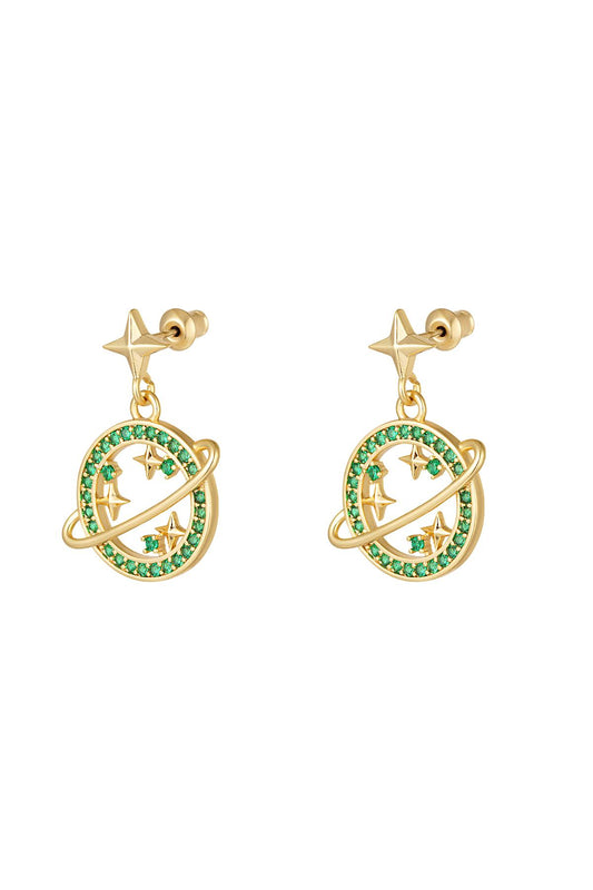 The Edit - Gold Tone Sparkle Planet Earrings in Green