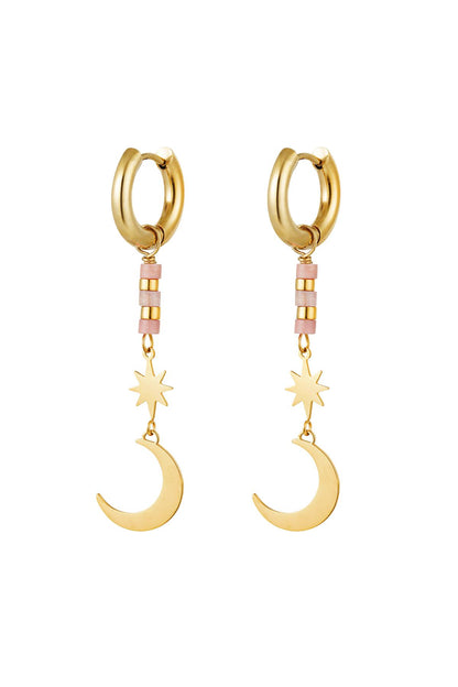 Thunder Egg - Gold Moon & Star Pink Stone Drop Earrings