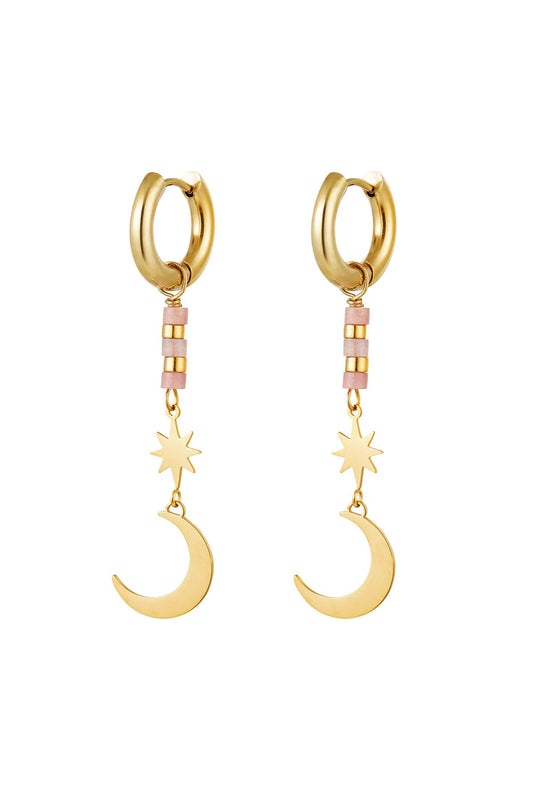 The Edit - Gold Moon & Star Pink Stone Drop Earrings