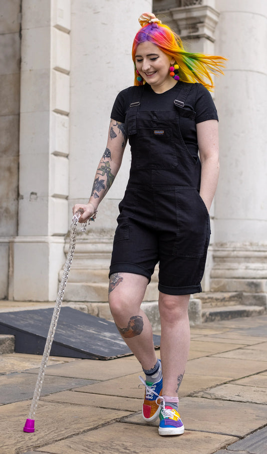 Run & Fly - Black Denim Stretch Dungaree Shorts