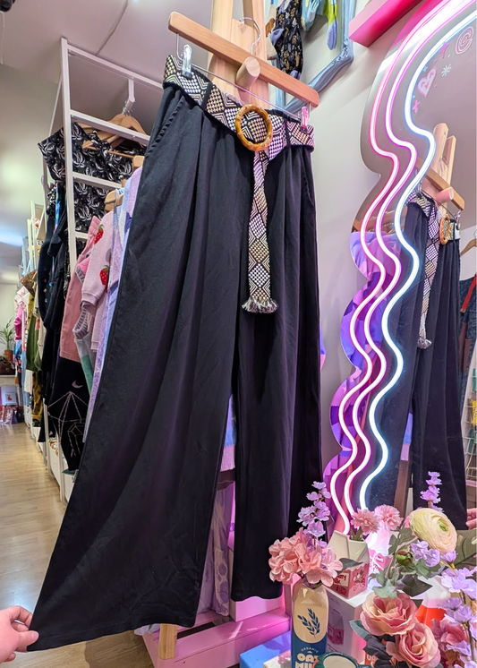 The Edit - Wide Leg Trousers with Embroidered Belt in Black