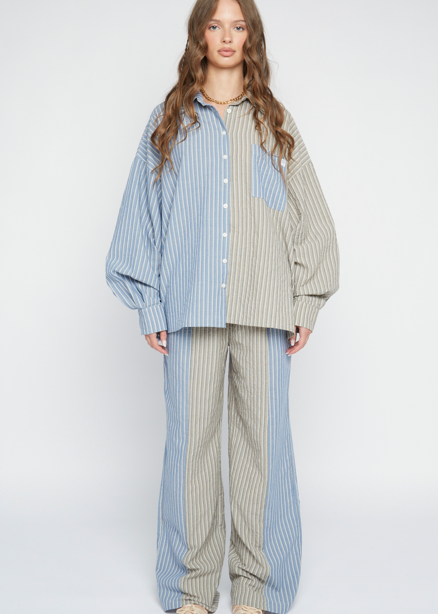 Daisy Street - Oversized Blue & Green Striped Swirl Shirt