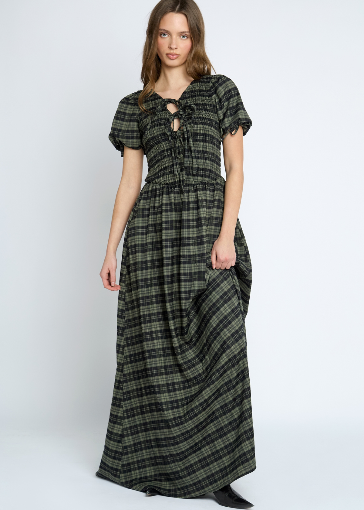 Daisy Street - Green & Black Checked Bow Maxi Dress
