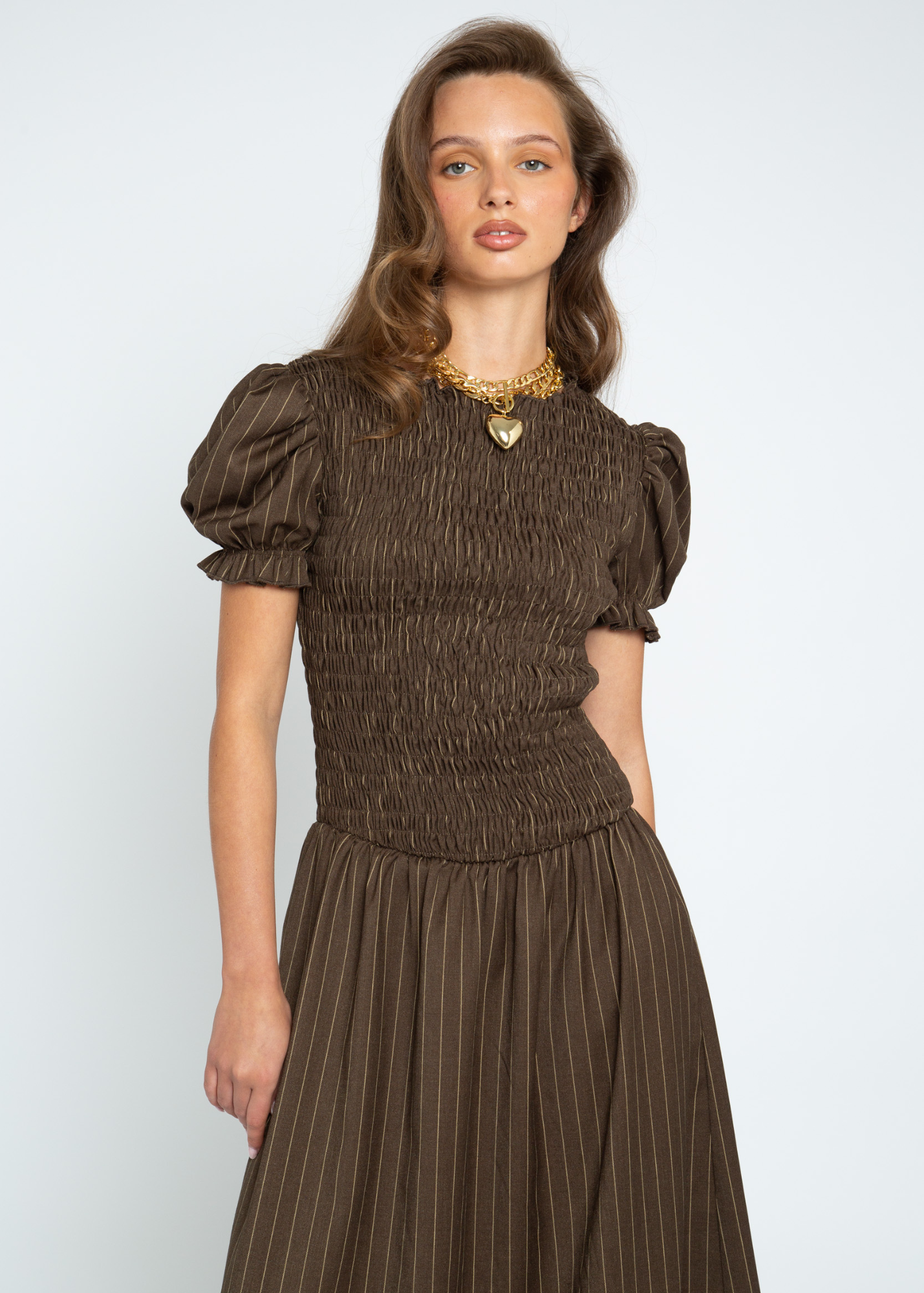 Daisy Street - Brûlée Brown Shirred Midaxi Dress