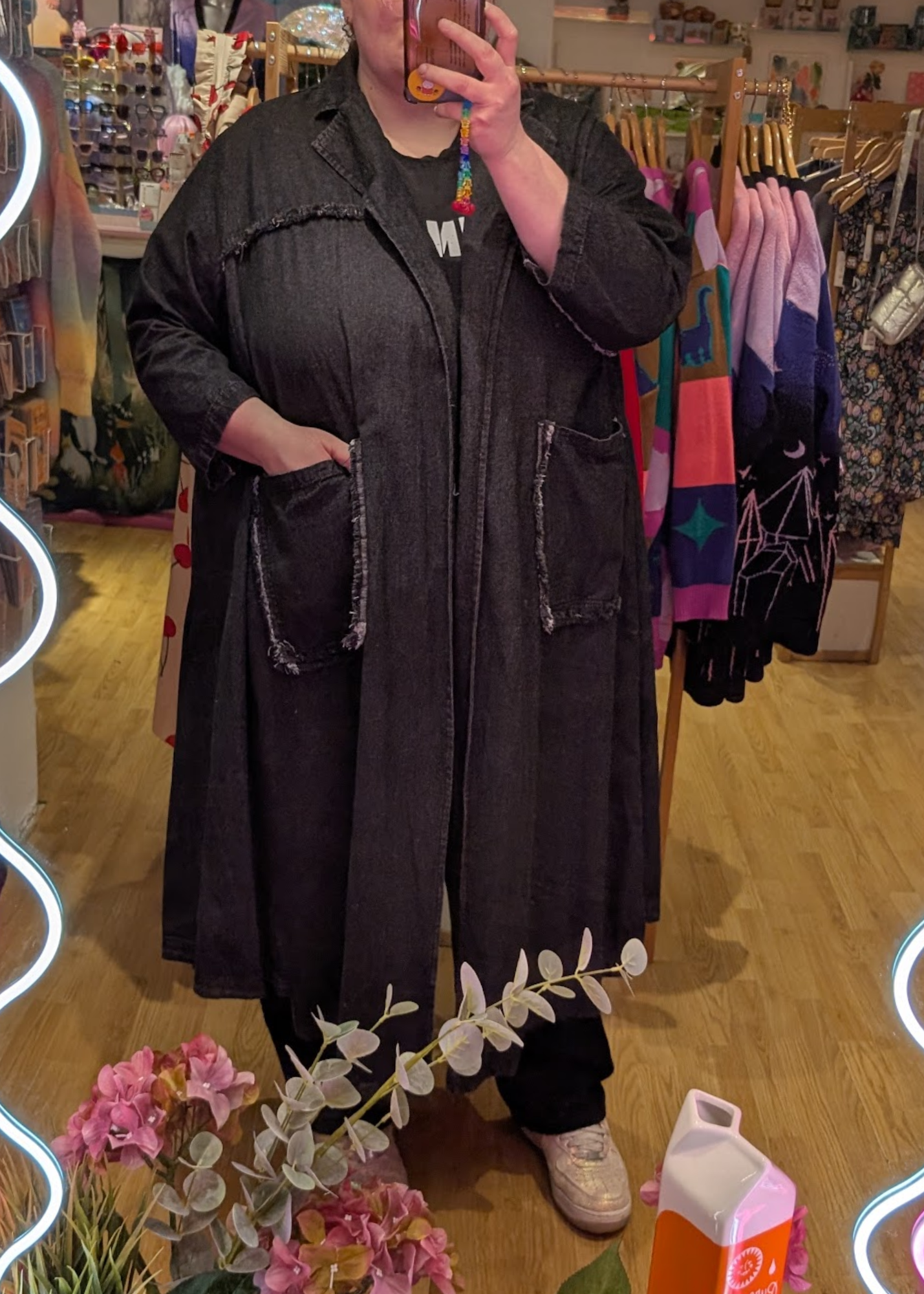 The Edit - Oversized Long Black Washed Denim Jacket