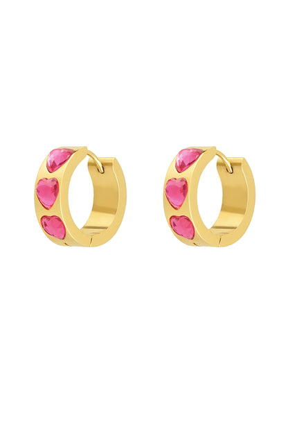 Thunder Egg -  Heart Jewel Huggie Hoop Earrings in Pink