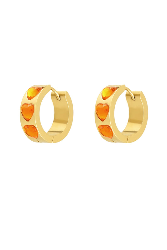 Thunder Egg -  Heart Jewel Huggie Hoop Earrings in Orange