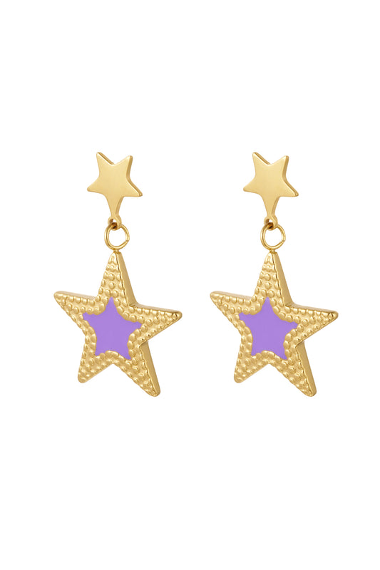 Thunder Egg - Gold Double Star Drop Earrings with Lilac Enamel Fill