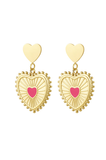 Thunder Egg - Double Heart Drop Earring with Pink Enamel Fill