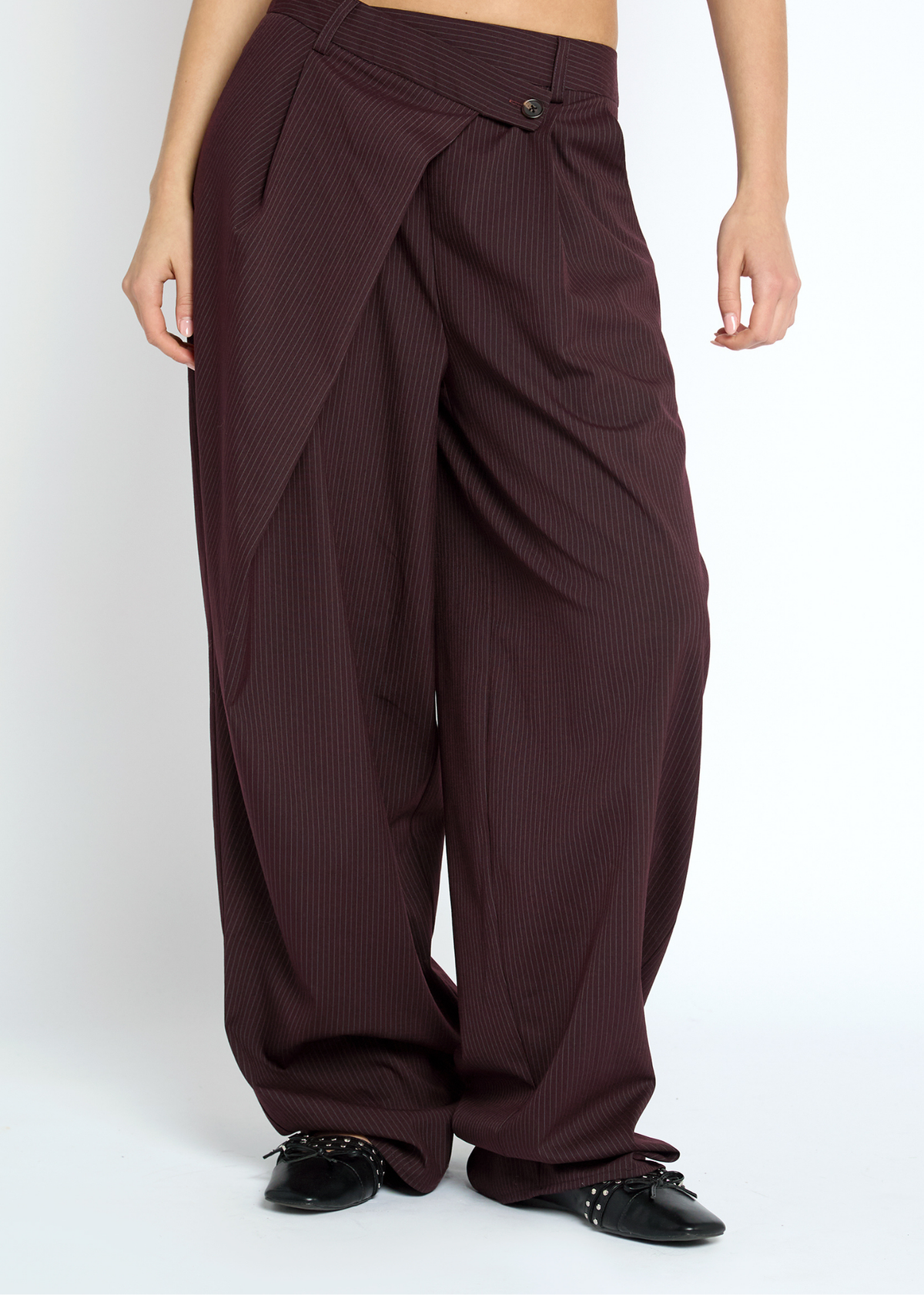 Daisy Street - Thornthread Burgundy Pinstripe Wrap Trousers