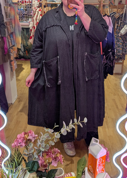 The Edit - Oversized Long Black Washed Denim Jacket