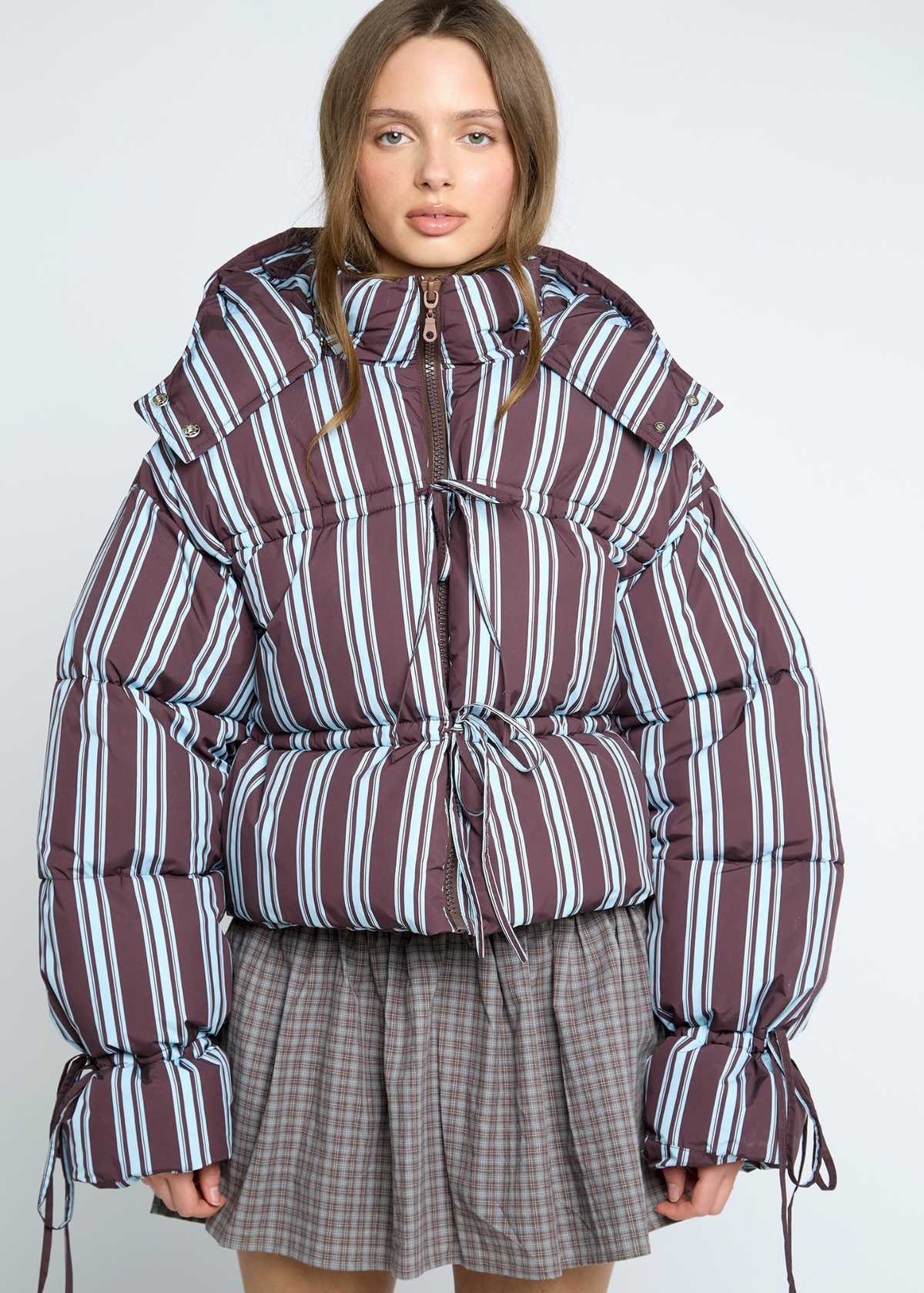Daisy Street - Cocoa Striped Tie Front Puffer Jacket
