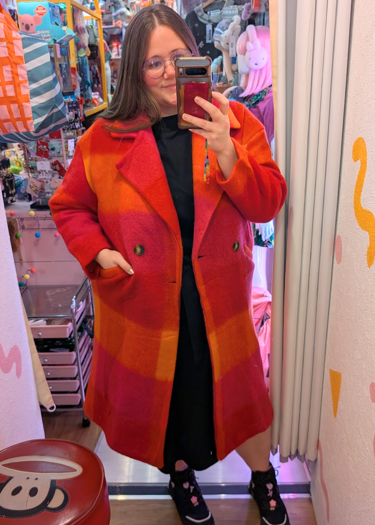 The Edit - Oversized Orange, Pink & Red Checked Coat